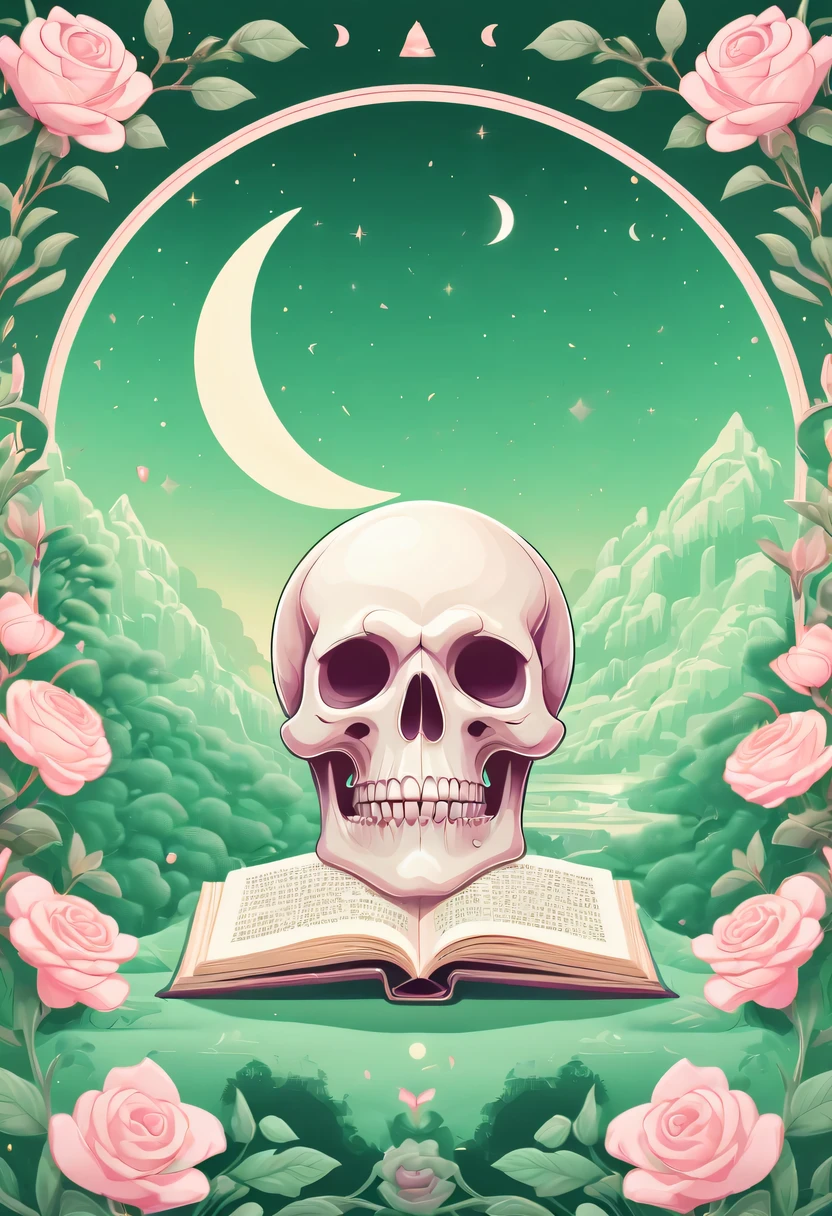 pastel tones，Light style，cozy calm，nature，warm and comfortable，garden，Phonograph record，poster，poster，cover illustration，character，huge, Eye-catching title text,1 moon，Romantic light green skull and light sword，anatomically correct, Exquisite pattern，Oriental elements， Clean colors,Pink rose space, soft light,masterpiece, super detailed, epic work, best quality, 8k，