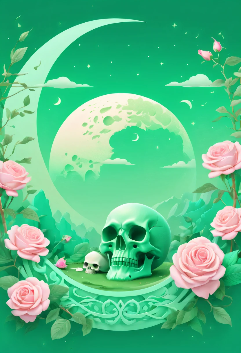 pastel tones，Light style，cozy calm，nature，warm and comfortable，garden，Phonograph record，poster，poster，cover illustration，character，huge, Eye-catching title text,1 moon，Romantic light green skull and light sword，anatomically correct, Exquisite pattern，Oriental elements， Clean colors,Pink rose space, soft light,masterpiece, super detailed, epic work, best quality, 8k，