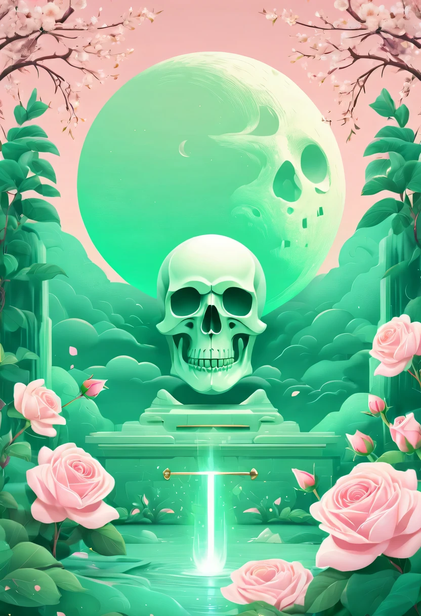 pastel tones,Light style,cozy calm,nature,warm and comfortable,garden,Phonograph record,poster,poster,cover illustration,character,huge, Eye-catching title text,1 moon,Romantic light green skull and light sword,anatomically correct, Exquisite pattern,Oriental elements, Clean colors,Pink rose space, soft light,masterpiece, super detailed, epic work, best quality, 8k,