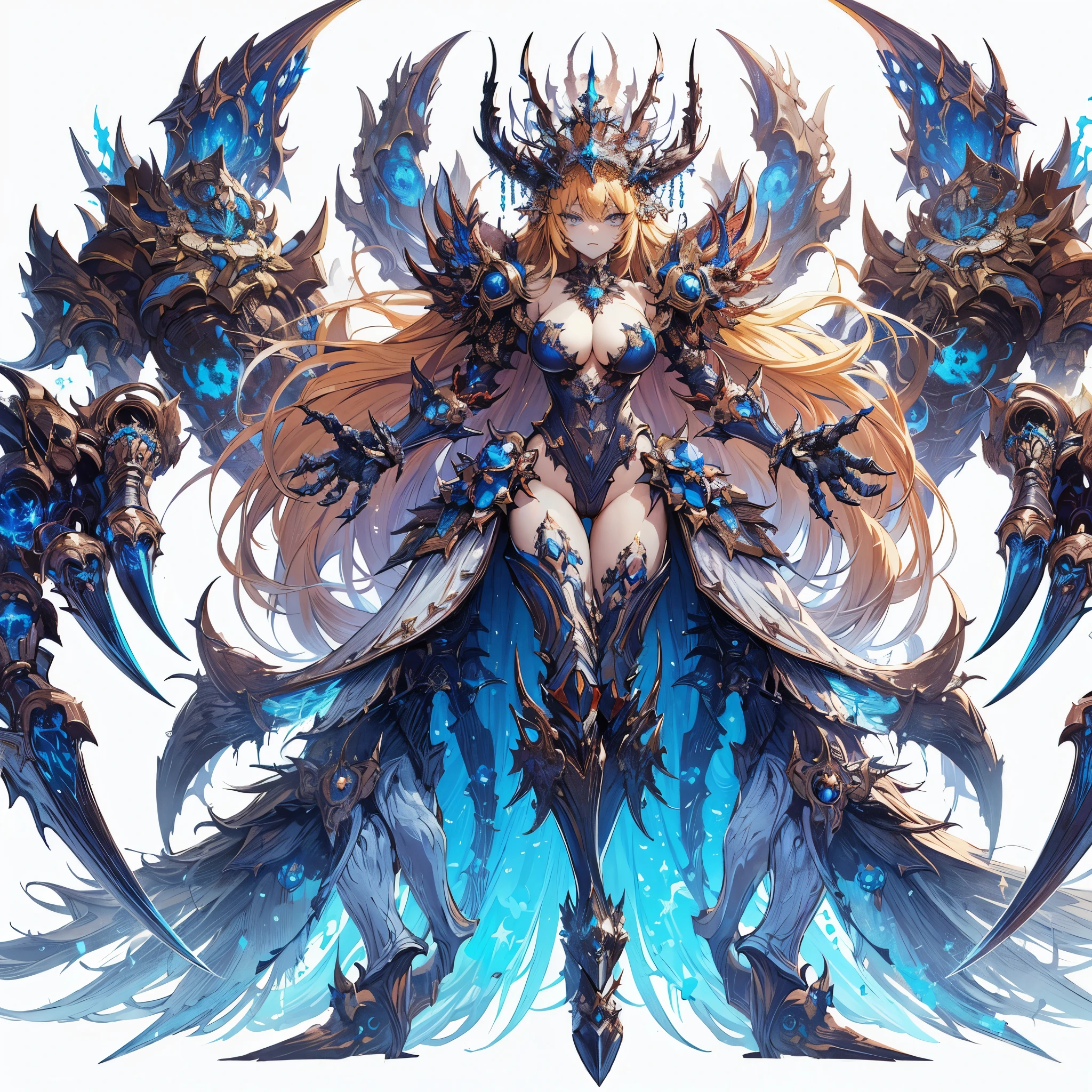 Masterpiece, best quality, ultra-detailed, anime style, full body of Chaos Demon Princess, sinister and ominous aura, luxurious ultra blue power armor, both arms as GIANT HUGE claws, majestically crowned, shining gold hair, high-heeled boots, war hammer 40K, supernatural Lightning and flame, ((Eight-pointed star symbol)), 8k high resolution, trending art station, white background, whole body,