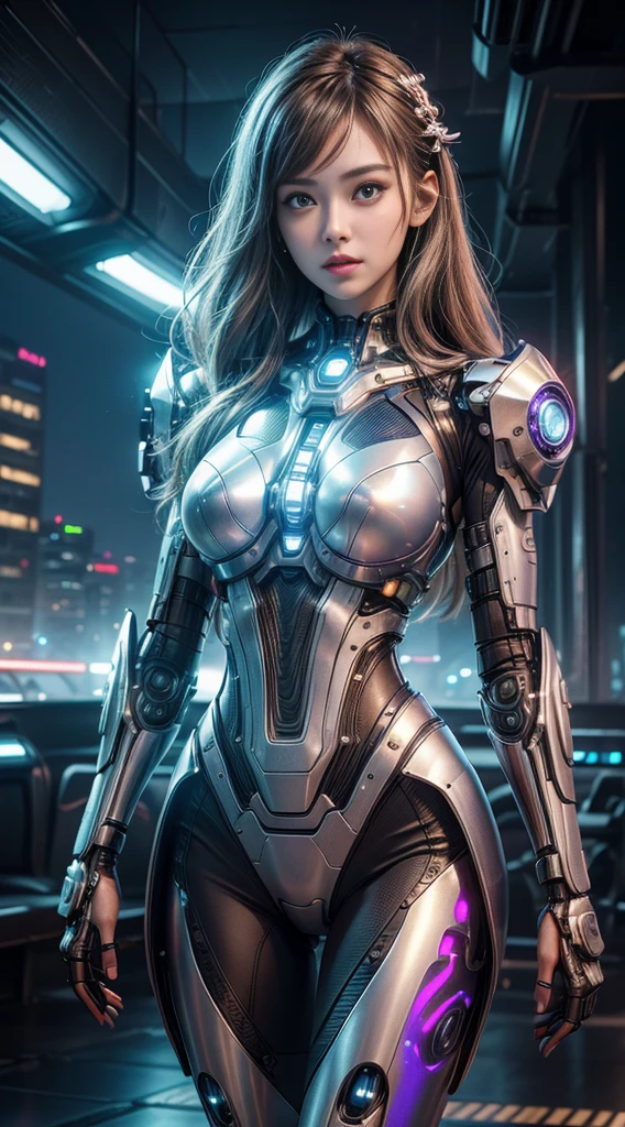 (best quality,4K,8k,high resolution,masterpiece:1.2),Super detailed,(actual,photoactual,photo-actual:1.37),science fiction,Mechanical,cyberpunk,girl with cybernetic enhancements,Beautiful and delicate eyes,Beautiful and delicate lips,extremely detailed face,long eyelashes,Silver metal skin,glowing neon lines,Reflective surface,futuristic cityscape in background,flying cars,hover buildings,Advanced technology,High-tech products,Color holographic projection,bright colors,blue and purple color scheme,dramatic lighting,Her enhancements glow with vitality.