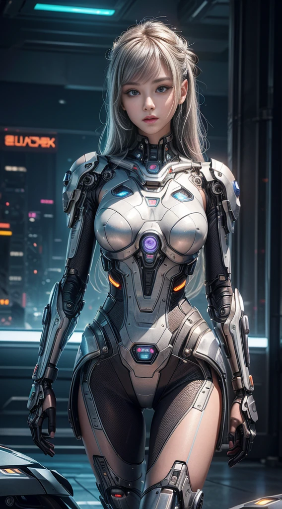 (best quality,4K,8k,high resolution,masterpiece:1.2),Super detailed,(actual,photoactual,photo-actual:1.37),science fiction,Mechanical,cyberpunk,girl with cybernetic enhancements,Beautiful and delicate eyes,Beautiful and delicate lips,extremely detailed face,long eyelashes,Silver metal skin,glowing neon lines,Reflective surface,futuristic cityscape in background,flying cars,hover buildings,Advanced technology,High-tech products,Color holographic projection,bright colors,blue and purple color scheme,dramatic lighting,Her enhancements glow with vitality.