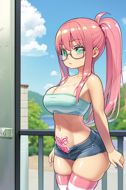 (masterpiece, best quality), 1girl, large breasts, small hips, green eyes, pink hair, tube top, crop-top overhang denim shorts, bedroom, striped thighhighs, pervert, petite, glasses, Shuz, pubic tattoo