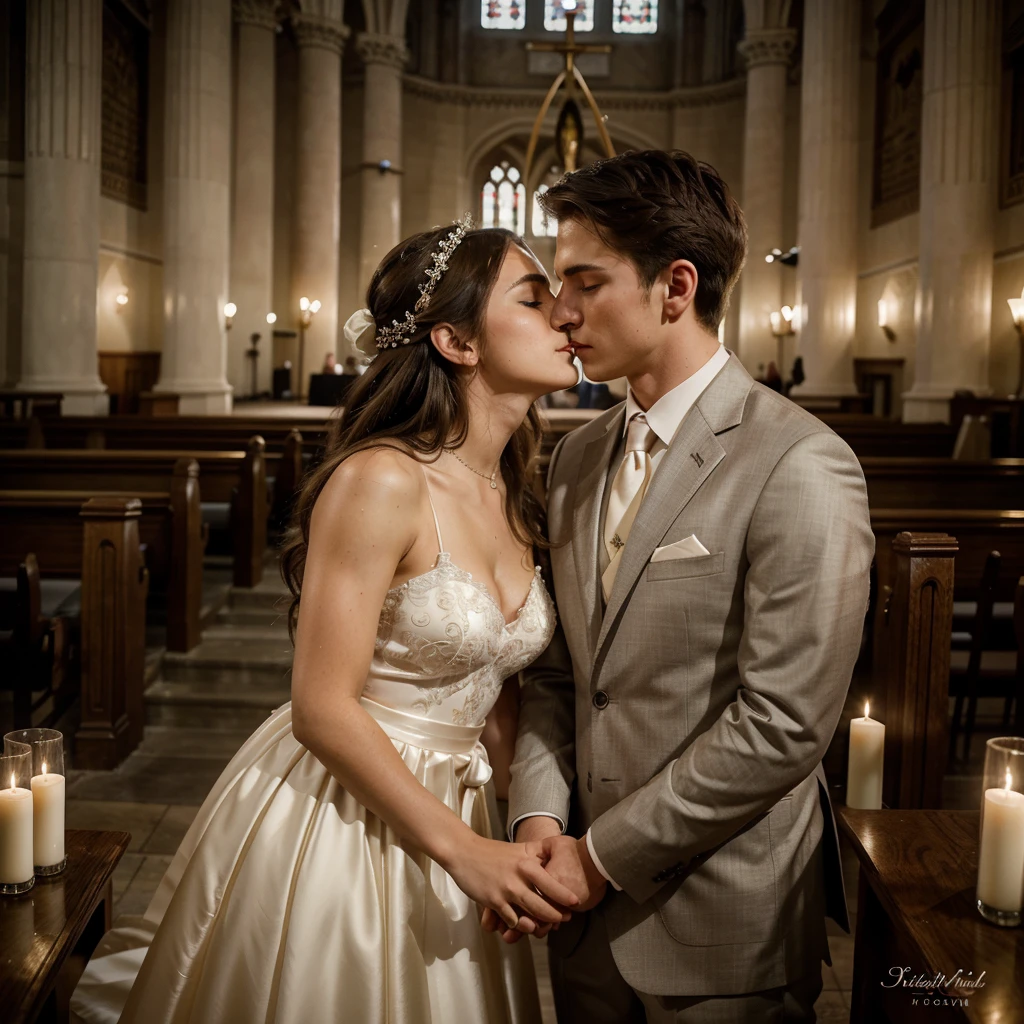 15-year-old brother and 14-year-old sister, in church, wedding dresses, wedding, guests, kiss on the mouth at the altar, brown hair, Italian origin

(best quality,4k,8k,highres,masterpiece:1.2),ultra-detailed,(realistic,photorealistic,photo-realistic:1.37),HDR,UHD,studio lighting,sharp focus,physically-based rendering,extreme detail description,professional,vivid colors

portraits,landscape,horror,anime,sci-fi,photography,concept artists,romantic

warm color palette,soft lighting

A romantic scene set in a church where a 15-year-old brother and a 14-year-old sister, both with brown hair and of Italian origin, are dressed in elegant wedding attire. The church is adorned with intricate decorations and warm lighting that creates a soft, intimate ambiance. The brother and sister stand at the altar, surrounded by their wedding guests who are filled with joy and anticipation. The wedding dresses are exquisitely detailed, highlighting the fine lacework and delicate embellishments. The guests are dressed in their finest attire, adding a touch of elegance to the scene. As the ceremony reaches its climax, the brother and sister share a heartfelt kiss on the mouth, symbolizing their deep bond and love for each other. The moment is captured in stunning detail, with the rendering emphasizing every nuance of their expressions and the texture of their skin. The overall composition reflects a romantic and timeless aesthetic, evoking emotions of love, joy, and celebration.