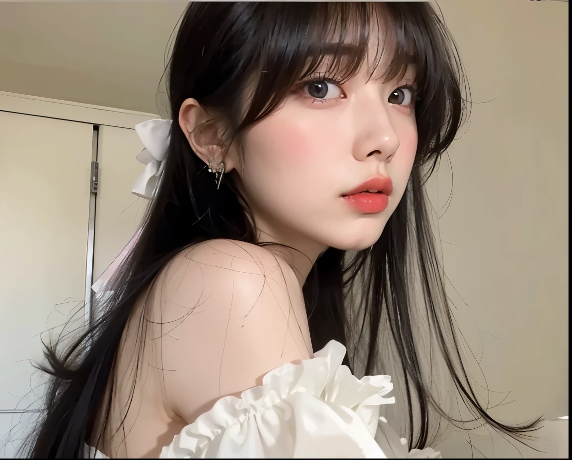 a close up of a woman with long black hair wearing a white dress, she has black hair with bangs, lalisa manobal, white hime cut hairstyle, ulzzang, fluffy bangs, with full bangs, with bangs, neat hair with bangs, long hair with full bangs, the hime cut, beautiful south korean woman, long hair with bangs, bae suzy, yeojin loona