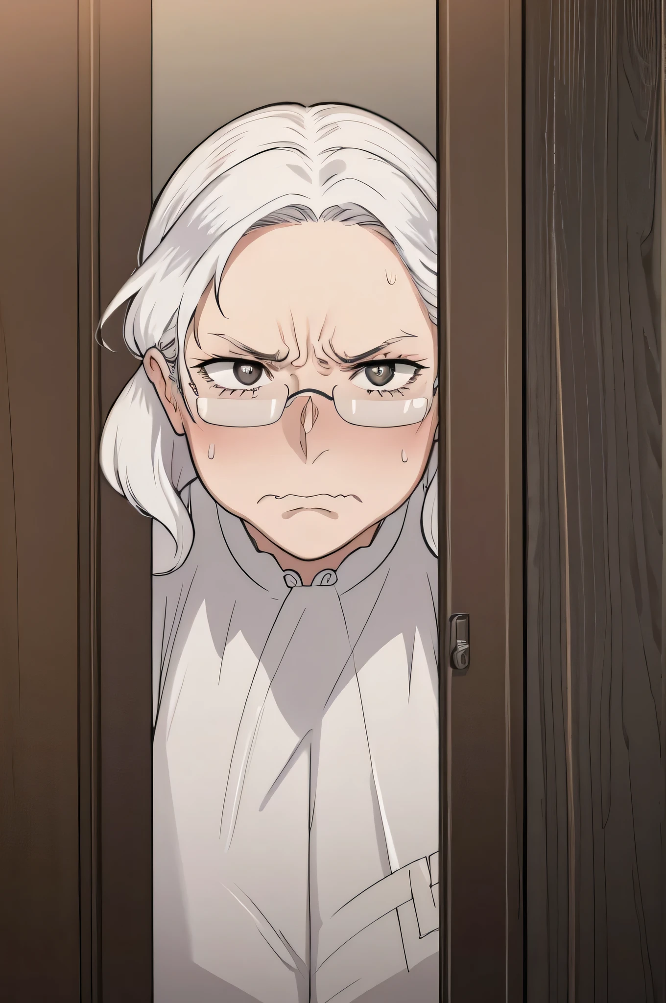 white haired girl, mother hair, mother body, plump, old woman, old clothes, black glasses, angry look, angry face, screaming mouth, close up, sweaty face, Hd, ntrman style, cinematic lights, deep shadows, door opened,
