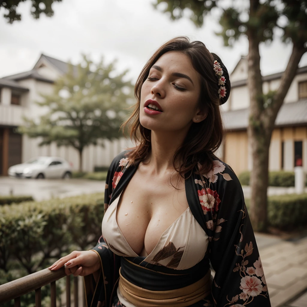 (half body shot), ultra high detail, [harsh flash], a 60 years old woman, curvy, running, outside nightclub, chubby face, cheekbones, pretty, eyeshadow, redhead, cleavage, saggy breasts, ((imperfect skin)), [wrinkles], ((perfect face)), black thigh-highs, natural breasts, (nhjy, a woman in a kimono dress with a tree), open mouth, closed eyes, (ultra detailed skin texture, ultra detailed hair, ultra detailed lips, ultra detailed teeth, ultra detailed fingers, ultra detailed nose, real skin pores, moles on skin). It's pouring rain. (YES SFW).