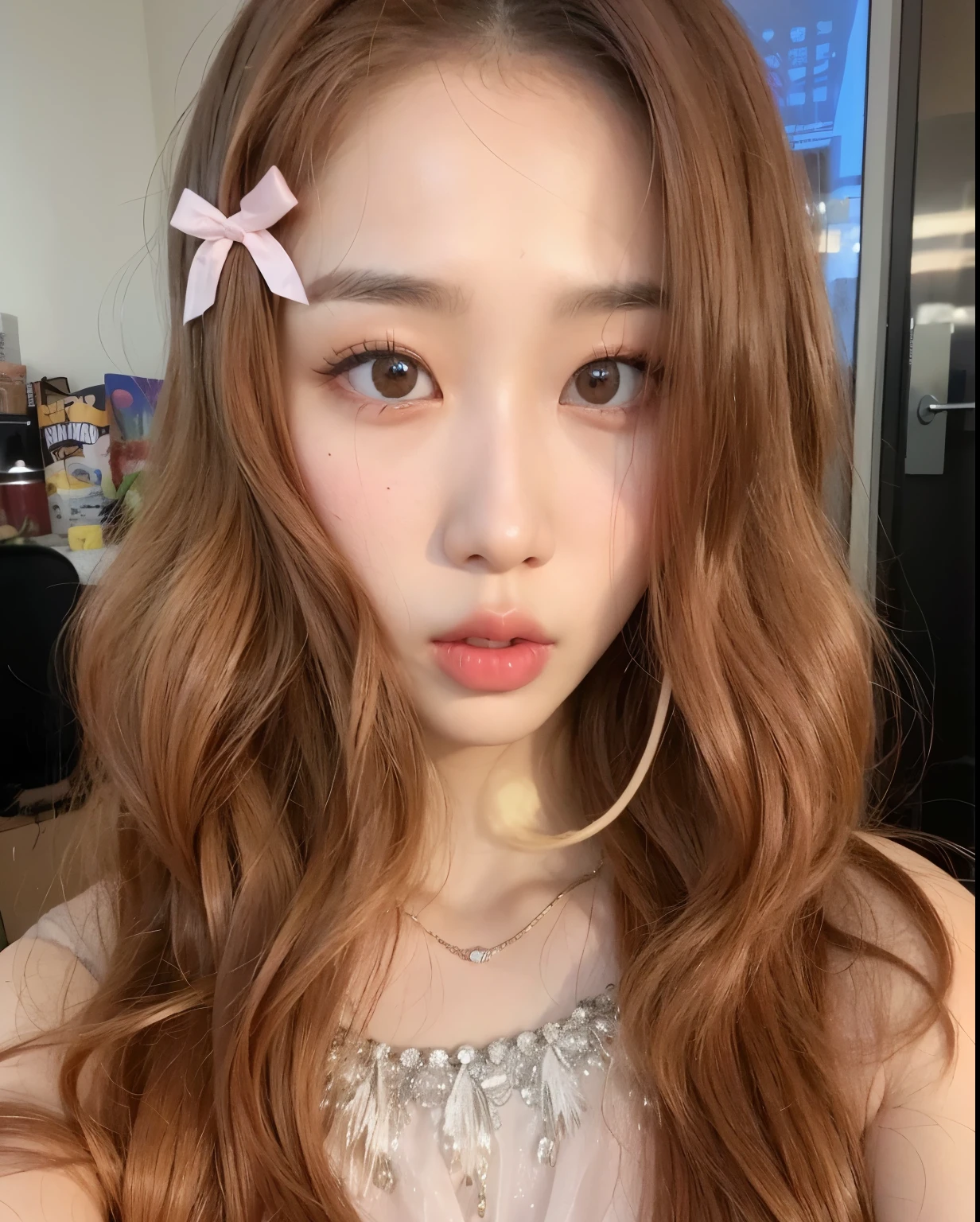 Un primer plano de una mujer con un lazo rosa en la cabeza, ulzzang, Jinyoung Shin, jaeyeon nam, pale and light skin!!, sol yunjoo, Lalisa Manobal, TaeJune Kim, el corte de hime, jossi de blackpink, sakimichan, maquillaje coreano popular, maquillaje popular de corea del sur, pale korean adorable face, sha xi , winter aespa , aespa winter