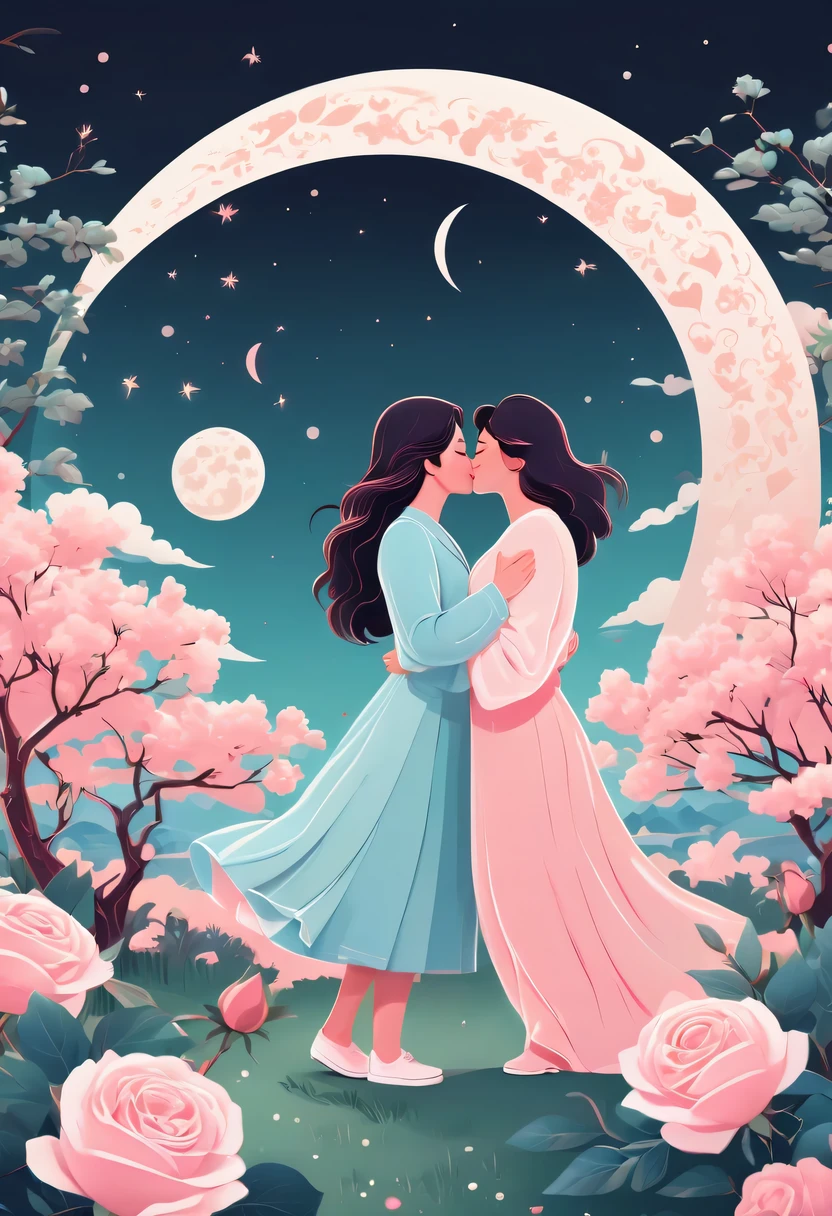 pastel tones,Light style,cozy calm,nature,warm and comfortable,garden,Phonograph record,poster,poster,cover illustration,character,huge, Eye-catching title text,1 moon,Romantic couple kissing in the wind,anatomically correct, Exquisite pattern,Oriental elements, Clean colors,Pink rose space, soft light,masterpiece, super detailed, epic work, best quality, 8k,