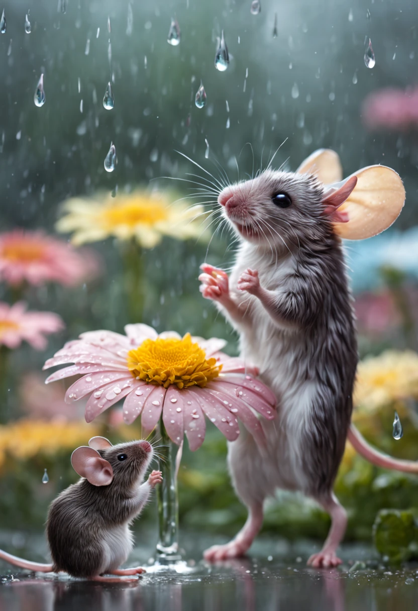 a high definition image of a rainy landscape where a mouse is under a flower soaked in glass art style, mice looking at the raindrops of the colorful daisy flower petals with blur background (with very soft color tones: 1.32)