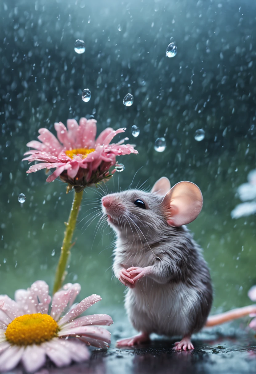 a high definition image of a rainy landscape where a mouse is under a flower soaked in glass art style, mice looking at the raindrops of the colorful daisy flower petals with blur background (with very soft color tones: 1.32)