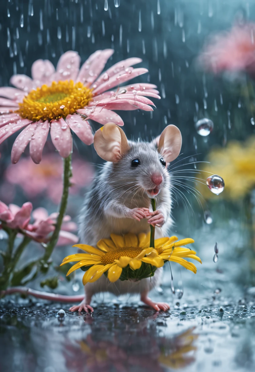 a high definition image of a rainy landscape where a mouse is under a flower soaked in glass art style, mice looking at the raindrops of the colorful daisy flower petals with blur background (with very soft color tones: 1.32)