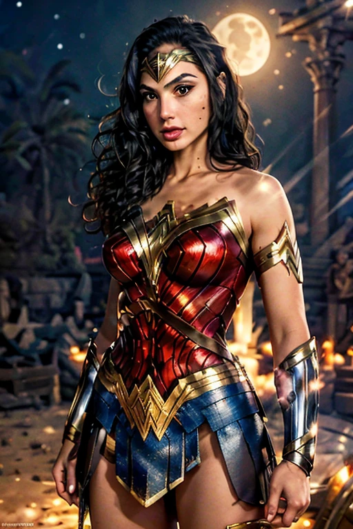 (best quality)), ((master part)), ((Realistic)), (circunstanciado, fotorrealista, ultra-detalhado, Absurdo), 1mulher Wonder Woman, cabelos longos, thin lips , olhos e rosto detalhados, rosto perfeito altamente detalhado, vestindo fantasia de mulher-maravilha (lora:Wonder woman:1.2), casa, interior, cama, noite escura, night the moon, Front view, Top-down view