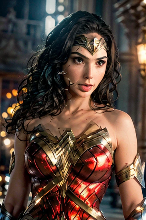 (best quality)), ((master part)), ((Realistic)), (circunstanciado, fotorrealista, ultra-detalhado, Absurdo), 1mulher Wonder Woman, cabelos longos, thin lips , olhos e rosto detalhados, rosto perfeito altamente detalhado, vestindo fantasia de mulher-maravilha (lora:Wonder woman:1.2), casa, interior, cama, noite escura, night the moon, Front view, Top-down view