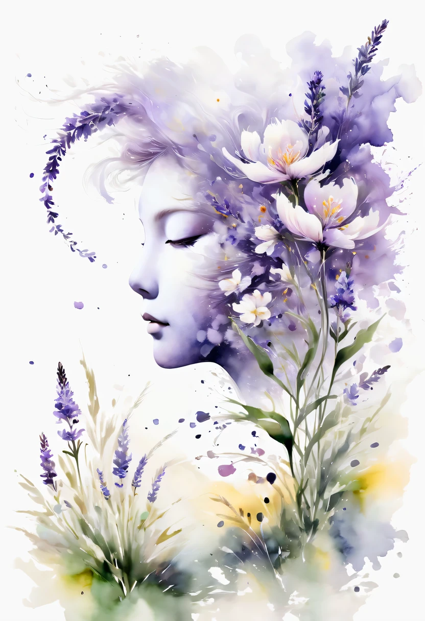 柔和色调，淡雅风格，舒适宁静，自然，温馨舒适，花园，This watercolor flower painting shows an elegant and fresh visual effect。Fields of wildflowers and lavender，Forming the perfect combination of nature and romance。The screen is dominated by a white background，Highlight isolated watercolor flower。Splash technology recreates wet conditions，The atmosphere seems vague and dreamy。Unique compositions and abstract representation add to the artistic feel of the picture，Contains elements of surrealism。The overall color tone is mainly light tones，Lilac and green complement each other beautifully，Reveal high-resolution details。The ink splash effect adds a touch of agility to the picture，The pale color gives the flowers a deep and restrained beauty.。