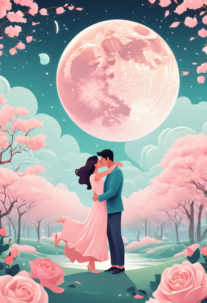 pastel tones,Light style,cozy calm,nature,warm and comfortable,garden,Phonograph record,poster,poster,cover illustration,character,huge, Eye-catching title text,1 moon,Romantic couple kissing in the wind,anatomically correct, Exquisite pattern,Oriental elements, Clean colors,Pink rose space, soft light,masterpiece, super detailed, epic work, best quality, 8k,