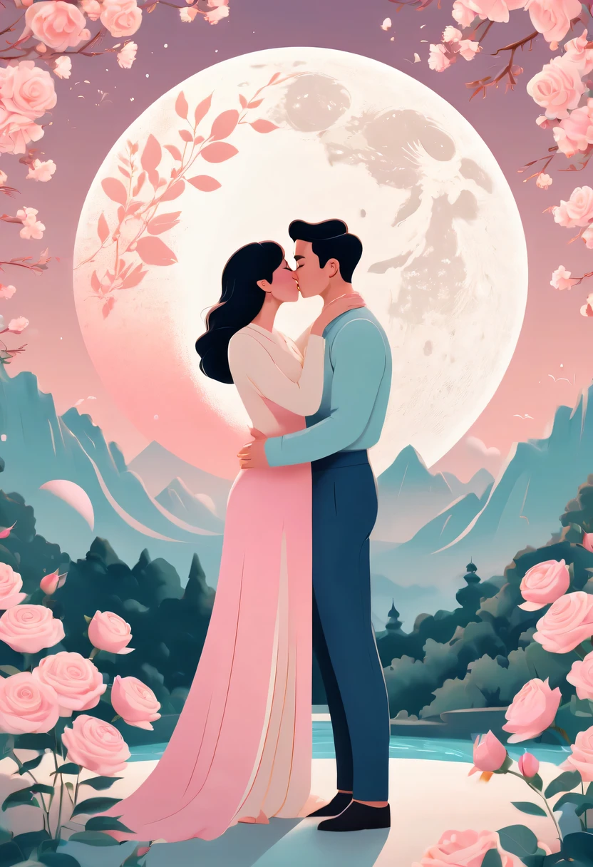 pastel tones，Light style，cozy calm，nature，warm and comfortable，garden，Phonograph record，poster，poster，cover illustration，character，huge, Eye-catching title text,1 moon，Romantic couple kissing in the wind，anatomically correct, Exquisite pattern，Oriental elements， Clean colors,Pink rose space, soft light,masterpiece, super detailed, epic work, best quality, 8k，