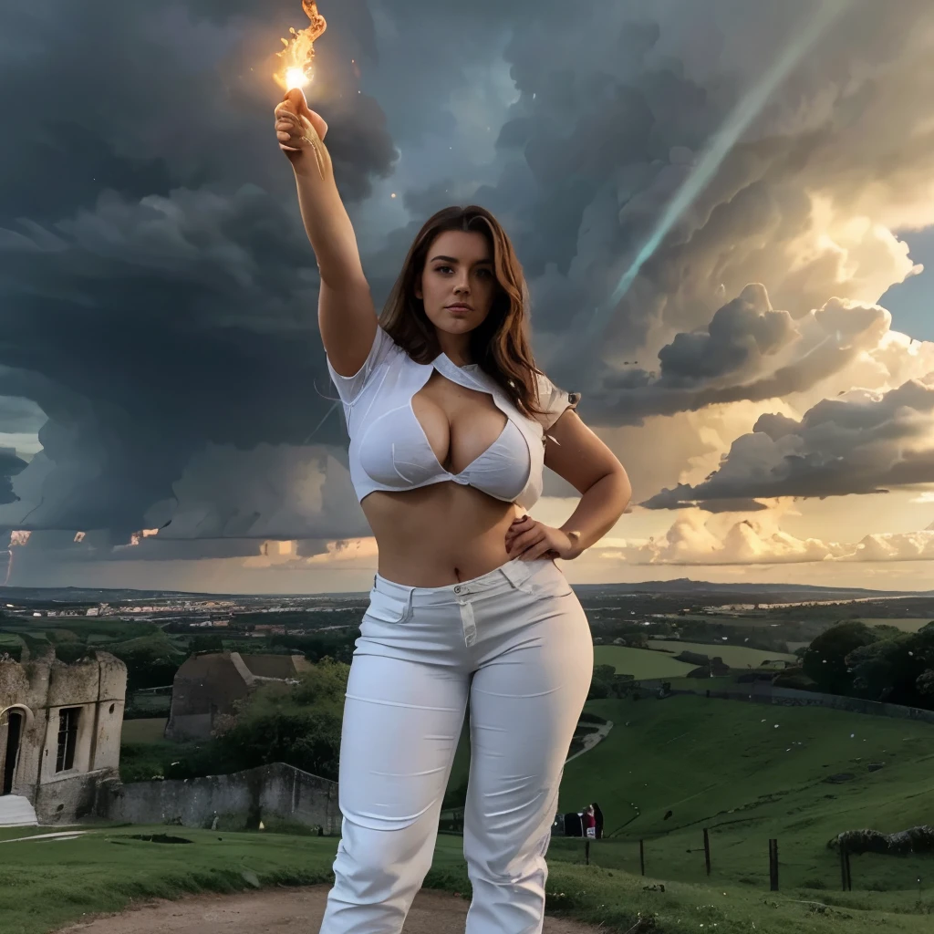 Beatiful curvy Buxom 22 year old british girl wearing a tight white blouse and tight khaki trousers holding a flaming torch and standing in a power pose, standing at the base of a lush green hill with a ruined castle on top of the hill with a storm brewing in the background.