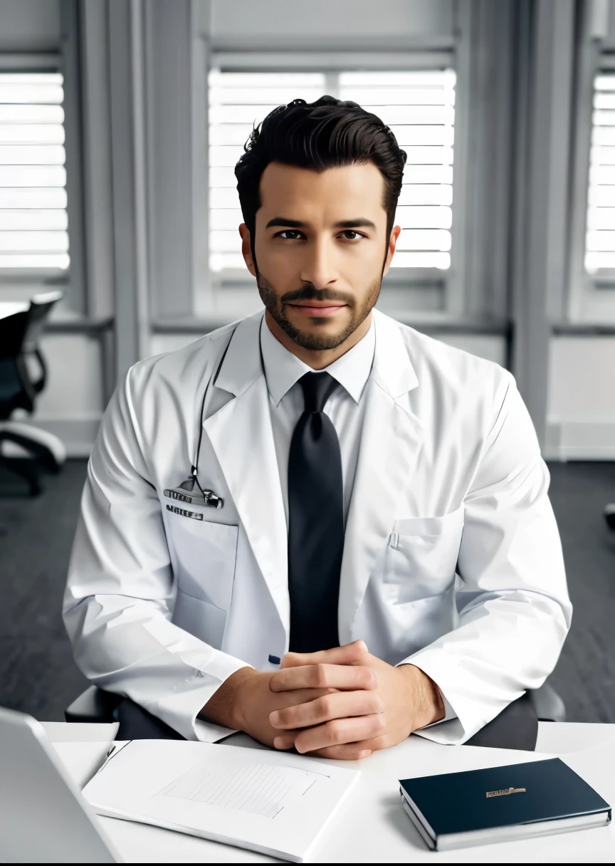 arafed man in white suit and tie sitting at a table, photo of a man, sitting at desk, wearing a doctor suit, corporate photo, handsome man, professional portrait hd, wearing doctors white suit, sitting at a desk, a photo of a man, handsome and attractive, professional profile photo, attractive man, sitting behind desk