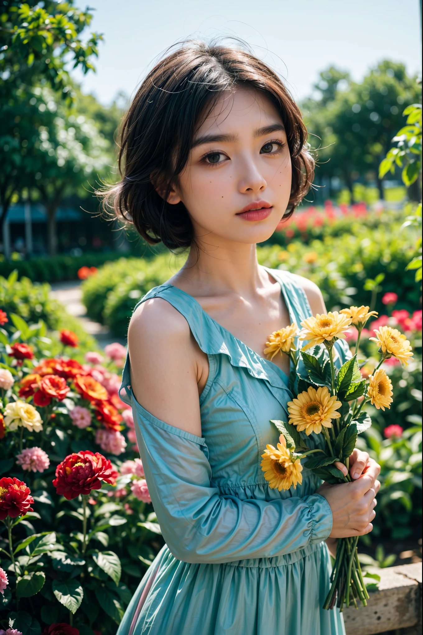 1girl, woman, medium shot, solo, emotional_face, flower dress, flower armor, looking_at_viewer, green_theme, colorful blooming flowers, forming a dreamlike world, flower_garden, flowers everywhere, greens, pinks, bokeh, cinematic, exposure blend, (teal and orange:0.85), (muted_colors, dim_colors, soothing_tones:1.3), high contrast, low saturation, (Canon RF 85mm f/1.2L)