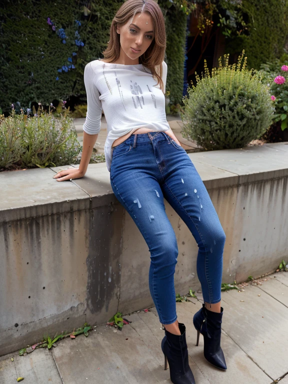 woman, skinny jeans, stiletto heel ankle boots, cum on cloth