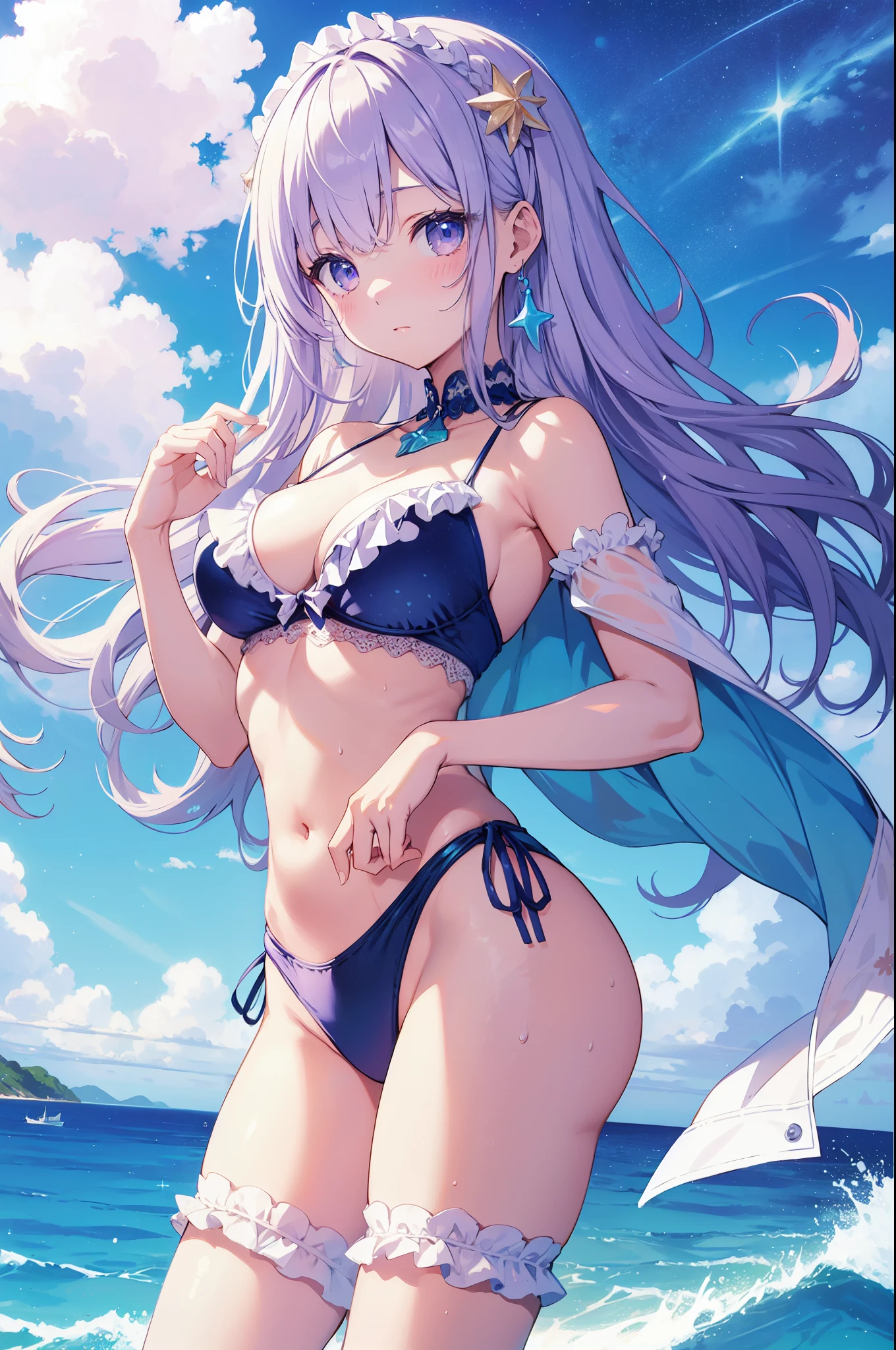 (masterpiece)、(highest quality)、((Super detailed))、(super delicate)、Cute naughty swimsuit idol、Pastel colors hair、beautiful breasts、Thighs、Gorgeous、Fantastic starry sky、beautiful sea、Wet and see-through