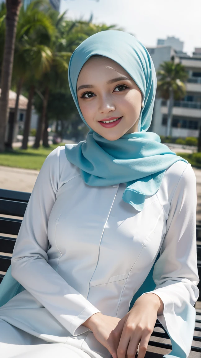 photography, young woman with smile face, long pastel white hijab with satin baju kurung, big breasts, sitting on the bench by the beach while seductively looking at me, tilted her head, perfect fingers, perfect hands, perfect body, perfect beautiful face, white teeth, close up, flirting with viewer, haired hands, background digital art graffiti on black wall, ultra details any aspect of drawing, UHD 8K