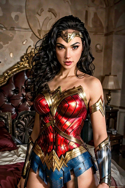 (best quality)), ((master part)), ((Realistic)), (circunstanciado, fotorrealista, ultra-detalhado, Absurdo), 1mulher Wonder Woman, cabelos longos, thin lips , olhos e rosto detalhados, rosto perfeito altamente detalhado, vestindo fantasia de mulher-maravilha (lora:Wonder woman:1.2), casa, interior, cama, noite escura, night the moon, Front view, Top-down view, cama, na cama,
