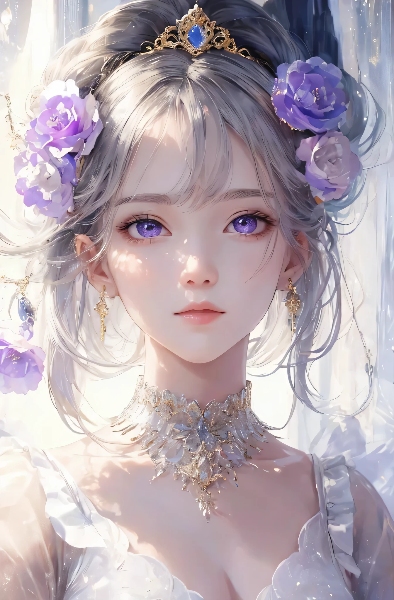 The upper part of the body、The face is front、profile、8K、realphoto、超A high resolution, Master Parts, Best Quality, nffsw , cinematic images,Lovely girl、ann、16 only、annグロサクソン、二重まぶた、drooing eyes、Very big eyes、Eyes purple、Dark eye shadow、The lips are very thin、The tip of the nose stretches beautifully..............................................、the tip of the nose is small,,,,, ighly detailed , Silver hair、Straight short hair、ssmile、 Sweet look 、a very beautiful woman、legs are long、 Very clear shadows , jewely , A sexy , A detailed eye, very intricate, shiny skins , パーフェクトブリリannト, Perfect Lighting, Dramatic shadows、White tiara on head、Gold necklace around the neck、White aristocratic dress with gold embroidery、