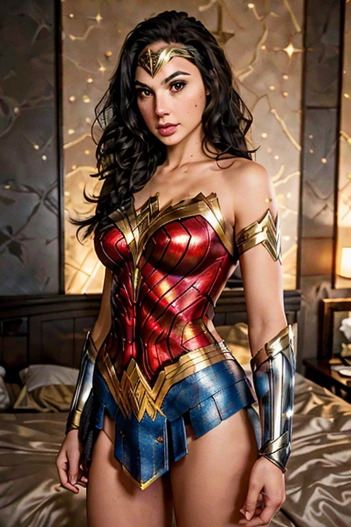 (best quality)), ((master part)), ((Realistic)), (circunstanciado, fotorrealista, ultra-detalhado, Absurdo), 1mulher Wonder Woman, cabelos longos, thin lips , olhos e rosto detalhados, rosto perfeito altamente detalhado, vestindo fantasia de mulher-maravilha (lora:Wonder woman:1.2), casa, interior, cama, noite escura, night the moon, Front view, Top-down view, na cama, deitada, pose sexy,
