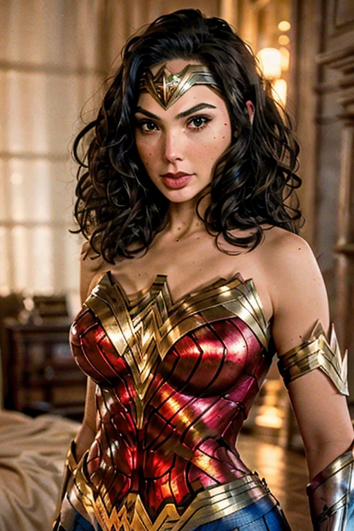 (best quality)), ((master part)), ((Realistic)), (circunstanciado, fotorrealista, ultra-detalhado, Absurdo), 1mulher Wonder Woman, cabelos longos, thin lips , olhos e rosto detalhados, rosto perfeito altamente detalhado, vestindo fantasia de mulher-maravilha (lora:Wonder woman:1.2), casa, interior, cama, noite escura, night the moon, Front view, Top-down view, na cama, deitada, pose sexy,