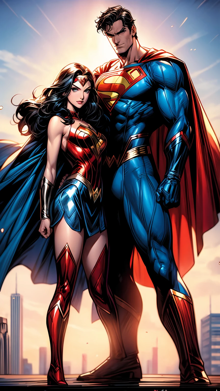 a superman and wonder woman standing next to each other, dc comics, dc comic, blu ray cover usa, comic book's cover, phil noto comicbook cover art, neal adams | centered, comic book cover art, comic book:.2, by Jim Lee, comic cover, style of dc comics, cover art of graphic novel, comic cover art