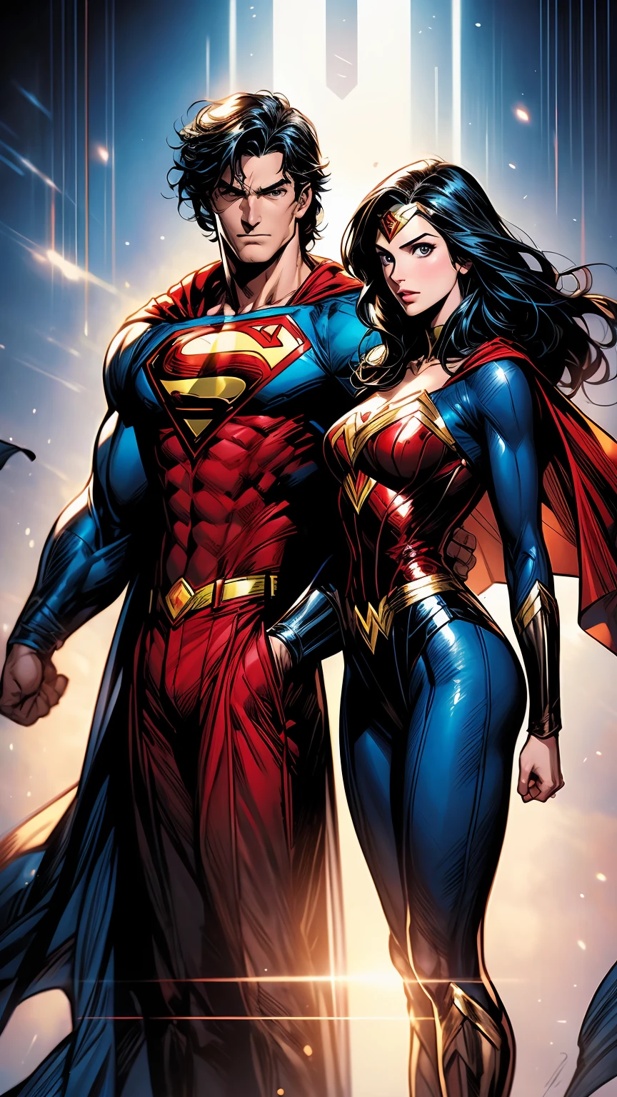 a superman and wonder woman standing next to each other, dc comics, dc comic, blu ray cover usa, comic book's cover, phil noto comicbook cover art, neal adams | centered, comic book cover art, comic book:.2, by Jim Lee, comic cover, style of dc comics, cover art of graphic novel, comic cover art
