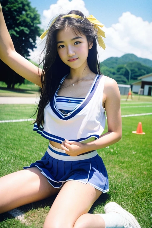 ((highest quality)), ((masterpiece)), 18 year old real Japanese beautiful girl idol high school student、Cheerleading practice on a midsummer day、No sleeve、40cm miniskirt above the knee、beautiful thighs、beautiful little cleavage、My whole body is wet with sweat、front horizontal angle、hold the rope between your legs
