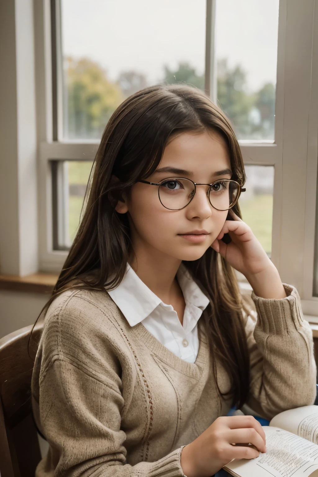 A , around 7 orrs old, sits q the classroom, engrossed in a book. Her long, dark brown hair falls forward, obscuring her face a bit as she leans in closer to the pages. The light from the window casts a warm, golden glow on her round, sternfaced appearance. Wearing a plaid jumper and a white blouse with a collar, she looks up briefly, making eye contact with the viewer through her large, round glasses. Her lips are slightly parted as she focuses on her reading, revealing a gap between her two front teeth. The scene is captured in a highly detailed and realistic photograph, with the background showing other children busily working at