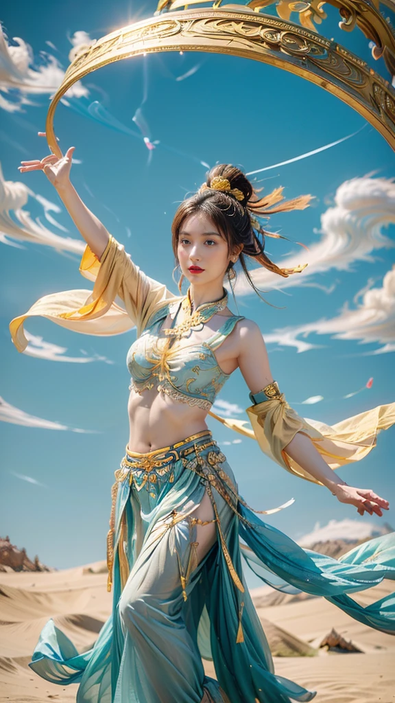 An ancient Chinese painting scroll, The main pattern above is: (Spring Festival poster,Featuring a playful character design style,zbrush,可爱而dream,Transparent,Smooth,magic core,yellow color,Flying fairy bun,gentle,frown,White lace flowing skirt,Nine-colored deer flashes behind,translucent medium,Award-winning masterpiece,Super detailed,Dunhuang style,Dunhuang flying mural,Big Dream Dunhuang,Flying Dance,pipa dance,crazy fantasy,Surrealism,dream,A fantasy world,Intricate Chinese Dunhuang mural background,Chinese culture,Festive atmosphere,national current,anime illustration,Ultra-high-definition CG,3D rendering,ultra HD16k)