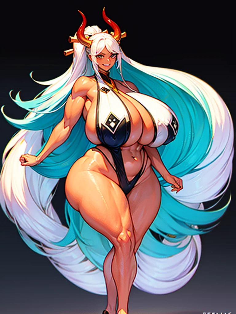 1 woman, yamato, in posing picture, long hair, multicolored hair, aqua hair, white hair, two-tone hair, high ponytail, horns, multicolored horns, hair ornament, japanese clothes, bare feets, (huge breasts:1.5), large breasts, goddess, big chest, Seductive Anime woman, oppai proportions, beautiful anime woman, Photorealistic, perfect body, Realistic queen, Voluptuous body, , Naughty anime style, plump, Erotic cartoon style body, Married woman's big ass, sexy of a married woman, Married woman atmosphere, mamma size, gigantic breasts, colossal breasts, ((smile)), (abdominals:1.4), doroppy breasts, 27-year-old, 7headed body, (cute face), (Ideal ratio body proportions), Wearing sweat, Smiling smile, long-hair, big breasts, beauty legs, Skinny Legs, surrealism, castle bedroom, Ultra Quality, Masterpiece, Ethereal,Ultra-Detailed,8K, breathtaking beauty, vivid colors reflects, full body picture
