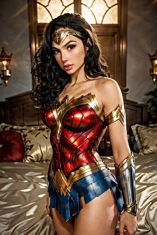 (best quality)), ((master part)), ((Realistic)), (circunstanciado, fotorrealista, ultra-detalhado, Absurdo), 1mulher Wonder Woman, cabelos longos, thin lips , olhos e rosto detalhados, rosto perfeito altamente detalhado, vestindo fantasia de mulher-maravilha (lora:Wonder woman:1.2), casa, interior, cama, noite escura, night the moon, Front view, Top-down view, na cama, deitada sobre a cama, foco: pose sexy,