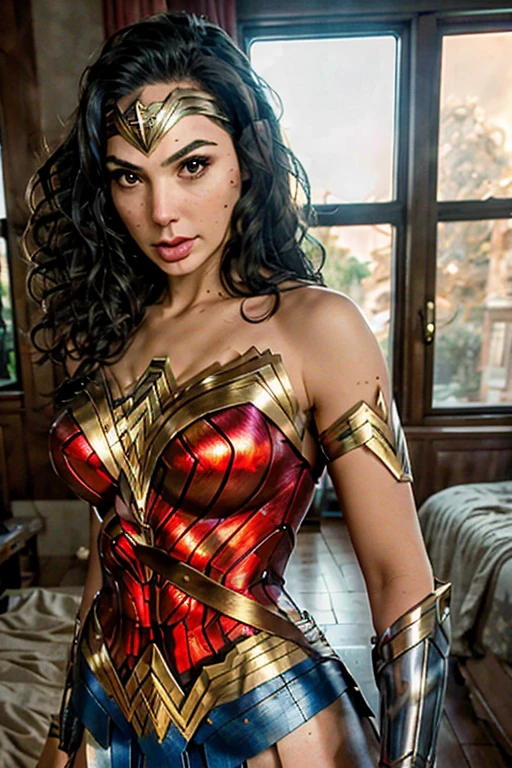 (best quality)), ((master part)), ((Realistic)), (circunstanciado, fotorrealista, ultra-detalhado, Absurdo), 1mulher Wonder Woman, cabelos longos, thin lips , olhos e rosto detalhados, rosto perfeito altamente detalhado, vestindo fantasia de mulher-maravilha (lora:Wonder woman:1.2), casa, interior, cama, noite escura, night the moon, Front view, Top-down view, na cama, deitada sobre a cama, foco: pose sexy,