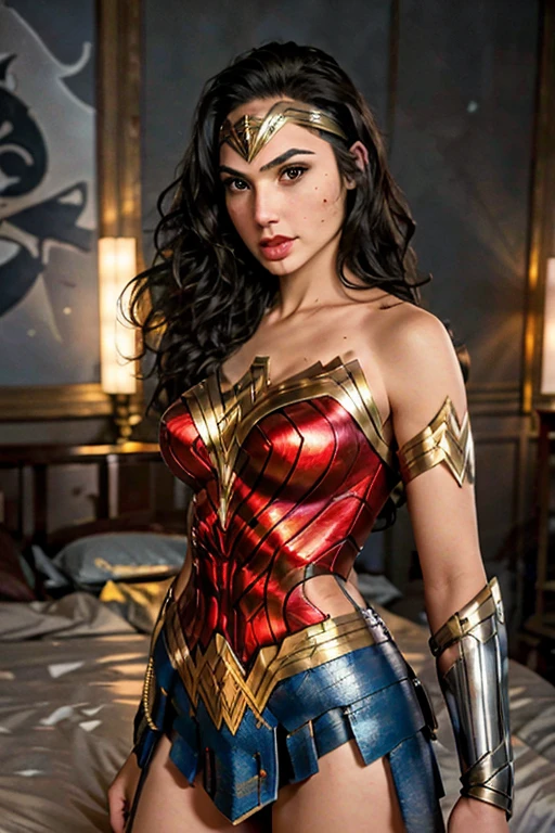 (best quality)), ((master part)), ((Realistic)), (circunstanciado, fotorrealista, ultra-detalhado, Absurdo), 1mulher Wonder Woman, cabelos longos, thin lips , olhos e rosto detalhados, rosto perfeito altamente detalhado, vestindo fantasia de mulher-maravilha (lora:Wonder woman:1.2), casa, interior, cama, noite escura, night the moon, Front view, Top-down view, na cama, deitada sobre a cama, foco: pose sexy,
