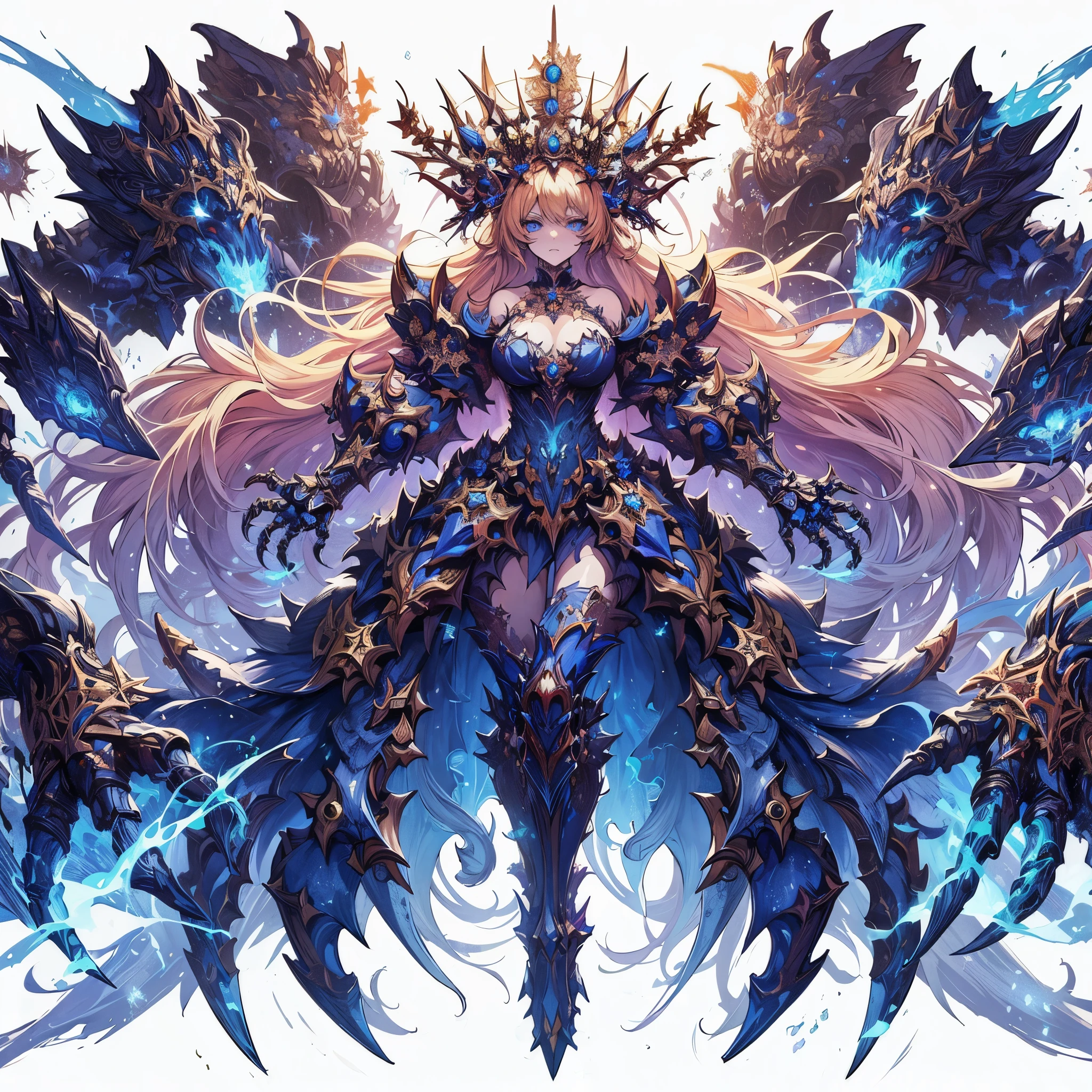 Masterpiece, best quality, ultra-detailed, anime style, full body of Chaos Demon Primark girl, sinister and ominous aura, luxurious ultra blue power armor, both arms as GIANT HUGE claws, majestically crowned, shining gold hair, high-heeled boots, Warhammer 40K, supernatural Lightning and flame, ((Eight-pointed star symbol)), 8k high resolution, trending art station, white background, whole body,
