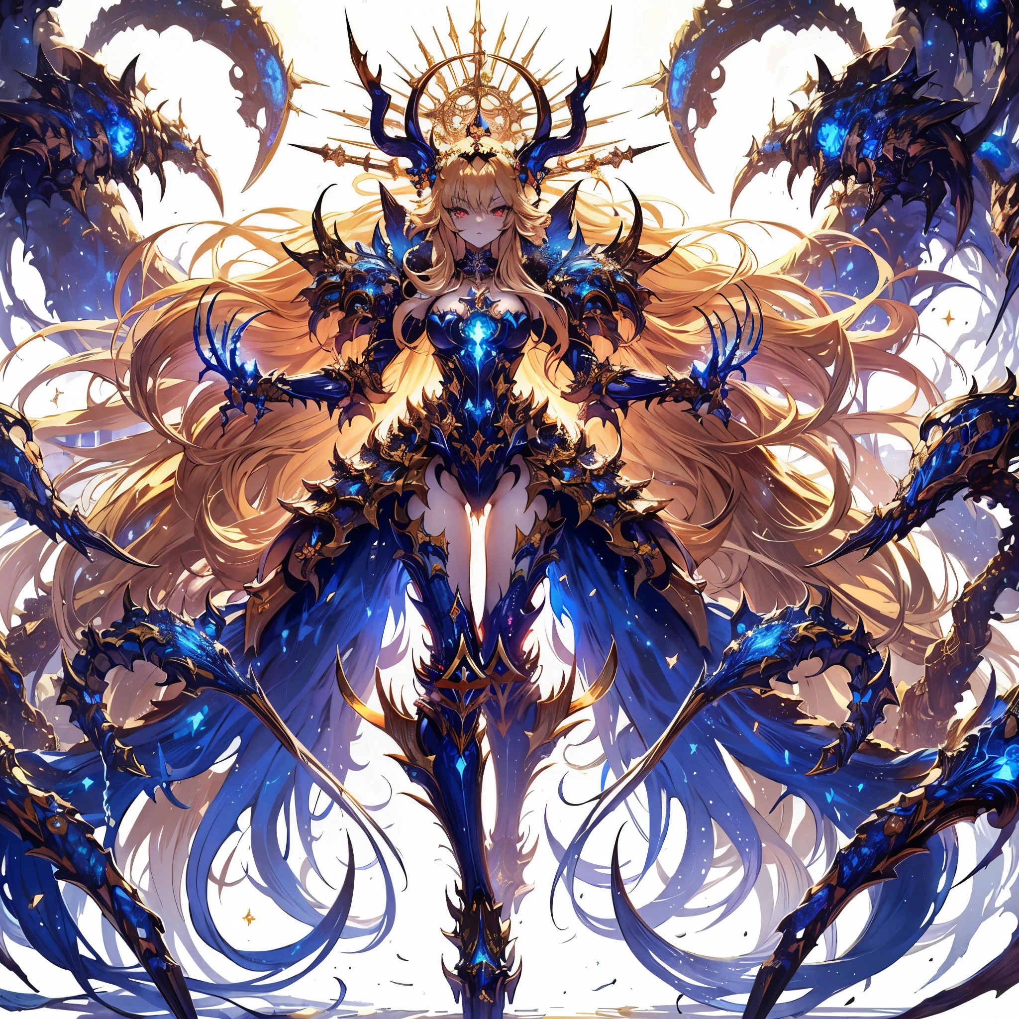 Masterpiece, best quality, ultra-detailed, anime style, full body of Chaos Demon Primark girl, sinister and ominous aura, luxurious ultra blue power armor, both arms as GIANT HUGE claws, majestically crowned, shining gold hair, high-heeled boots, Warhammer 40K, supernatural Lightning and flame, ((Eight-pointed star symbol)), 8k high resolution, trending art station, white background, whole body,
