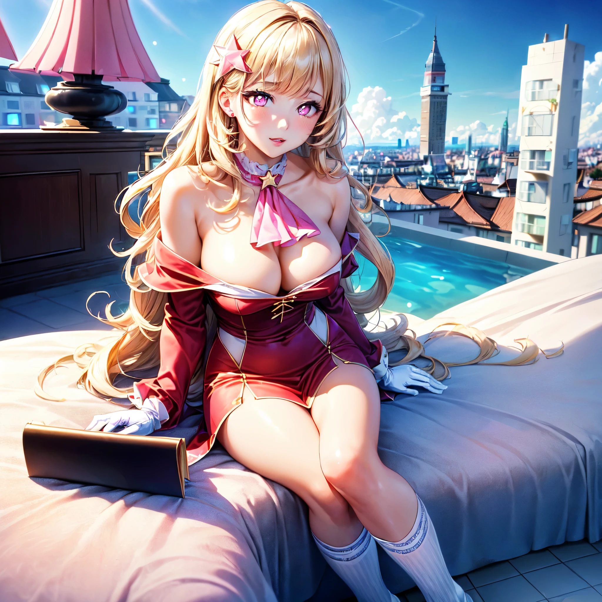 official art, masterpiece, sharp focueautiful gorgeous cute Korean woman:1.3), (beautiful cute korean:1.5), (beautiful amd aesthetic:1.3), korean beauty, Delicate and beautiful hair and eyes and face, realistic, ultra detailed, beautiful girl, blue sky, glow white particle, (sidelighting:1.2), sun light, white cloud, detailed clouds, slender, Lovely very ????????????? and very large ????,showing pink slip and lovely lips, (((shy and aroused, pink Star-shaped pupils, pink eyes)), (((Cuteness:1.5)), scenery, long straight hair, ???? facial expression, build (Hotelscape:1.7), dynamic hair, blonde long straight hair, detailed hair, streaked hair, glow pink eyes, sitting elegant near rivers (shoulder strap+Ascot dress+red off shoulder blouse), white long socks, pale skin, epic scenery, hair ornament, Princess white gloves, appealing, reading diary 
