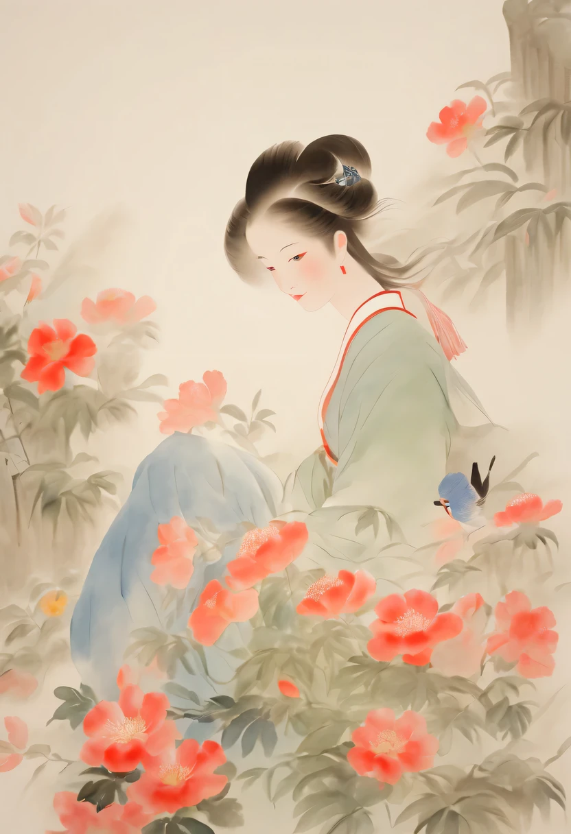 柔和色调，淡雅风格，舒适宁静，自然，温馨舒适，花园，美女，masterpiece，basic quality，realistically，官方Art，Very detailed，masterpiece，best quality，（Very detailed的CG统一8k壁纸），（best quality），（best illustrations），（best shadow），Very detailed的图片，（8k，best quality），A girl painted a watercolor flower painting on the wall， Come to life, Art, watercolour painting style,4k