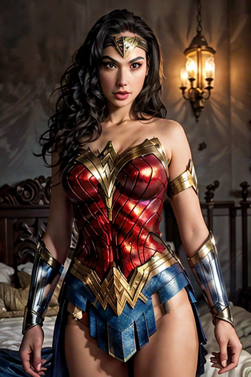 (best quality)), ((master part)), ((Realistic)), (circunstanciado, fotorrealista, ultra-detalhado, Absurdo), 1mulher Wonder Woman, cabelos longos, thin lips , olhos e rosto detalhados, rosto perfeito altamente detalhado, vestindo fantasia de mulher-maravilha (lora:Wonder woman:1.2), casa, interior, cama, noite escura, night the moon, Front view, Top-down view, na cama, deitada sobre a cama, foco: pose sexy, clouseup:1.4,