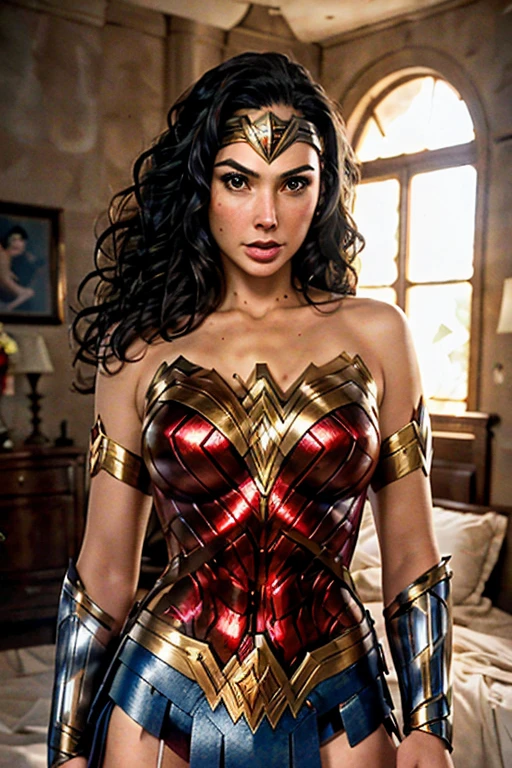 (best quality)), ((master part)), ((Realistic)), (circunstanciado, fotorrealista, ultra-detalhado, Absurdo), 1mulher Wonder Woman, cabelos longos, thin lips , olhos e rosto detalhados, rosto perfeito altamente detalhado, vestindo fantasia de mulher-maravilha (lora:Wonder woman:1.2), casa, interior, cama, noite escura, night the moon, Front view, Top-down view, na cama, deitada sobre a cama, foco: pose sexy, clouseup:1.4,