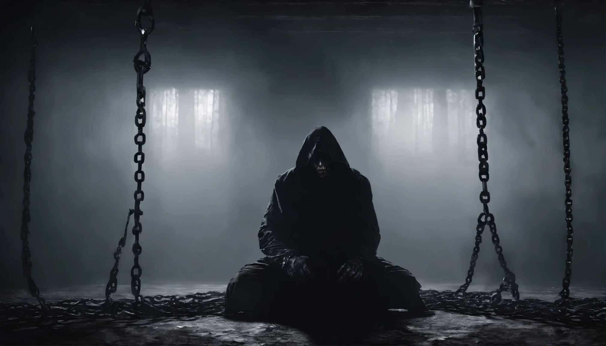 Gloomy black basement poorly lit, a guy with shackles on his hands tied by chicks, standing on his knees with his head down, darkness in the background, gloomy atmosphere, very high quality of detail, 4K resolution.