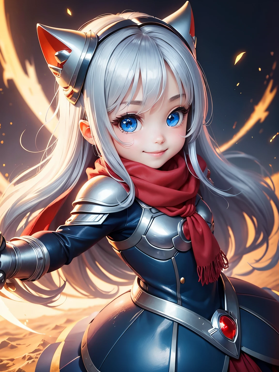 best image quality、fairy tale world、A fun and cute smile、best smile、chibi character、super deformed、big head and small body、Very pretty girl、long silver hair、Surprisingly big blue eyes that shine、Kamen Rider-like helmet and red scarf、A hero of justice who helps the weak、