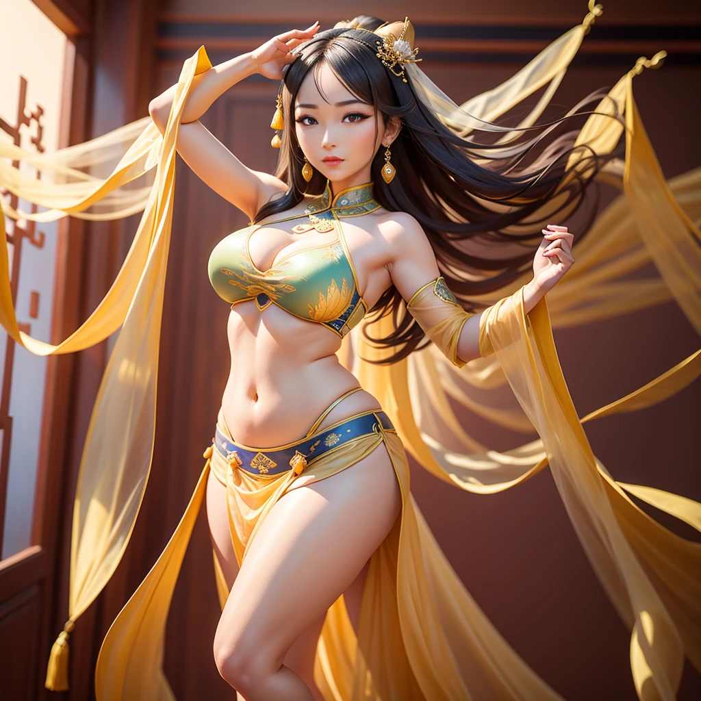 Chinese style,national current,Dunhuang style,a beautiful lady,Transparent tulle Dunhuang clothing,Pictures of flying ladies in Dunhuang,Dunhuang School,belly dance,Thick hair on abdomen