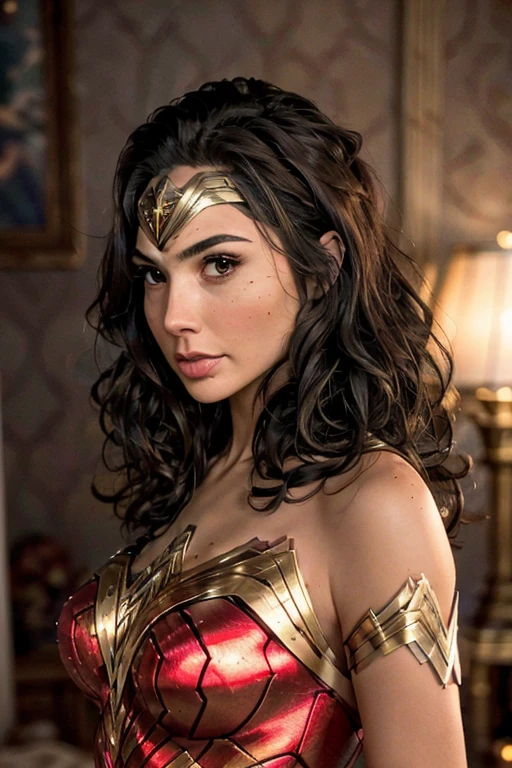 (best quality)), ((master part)), ((Realistic)), (circunstanciado, fotorrealista, ultra-detalhado, Absurdo), 1mulher Wonder Woman, cabelos longos, thin lips , olhos e rosto detalhados, rosto perfeito altamente detalhado, vestindo fantasia de mulher-maravilha (lora:Wonder woman:1.2), casa, interior, cama, noite escura, night the moon, Front view, Top-down view, na cama, deitada sobre a cama, foco: pose sexy:1.2, clouseup:1.4,